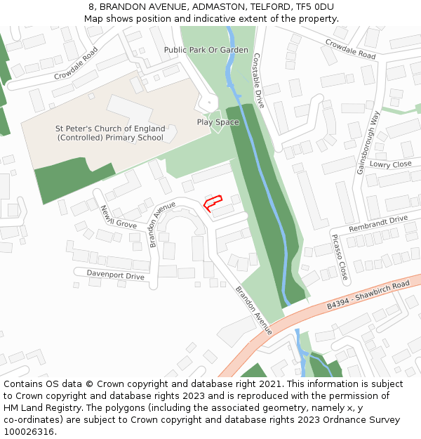 8, BRANDON AVENUE, ADMASTON, TELFORD, TF5 0DU: Location map and indicative extent of plot