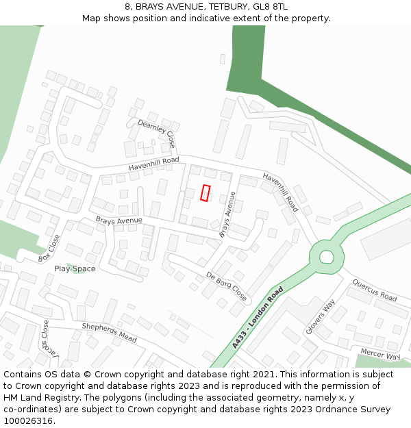 8, BRAYS AVENUE, TETBURY, GL8 8TL: Location map and indicative extent of plot