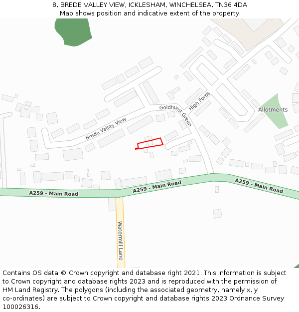 8, BREDE VALLEY VIEW, ICKLESHAM, WINCHELSEA, TN36 4DA: Location map and indicative extent of plot