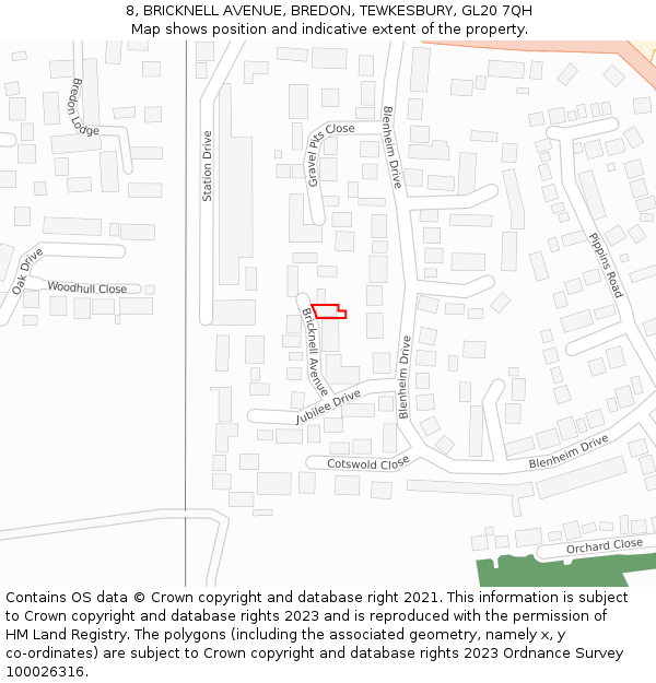 8, BRICKNELL AVENUE, BREDON, TEWKESBURY, GL20 7QH: Location map and indicative extent of plot