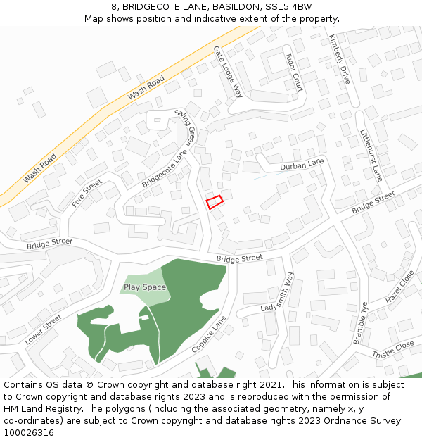 8, BRIDGECOTE LANE, BASILDON, SS15 4BW: Location map and indicative extent of plot