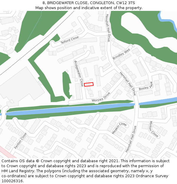 8, BRIDGEWATER CLOSE, CONGLETON, CW12 3TS: Location map and indicative extent of plot