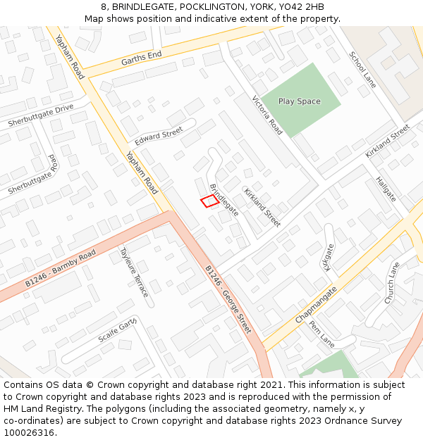 8, BRINDLEGATE, POCKLINGTON, YORK, YO42 2HB: Location map and indicative extent of plot