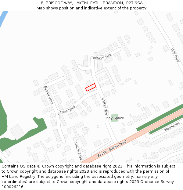 8, BRISCOE WAY, LAKENHEATH, BRANDON, IP27 9SA: Location map and indicative extent of plot