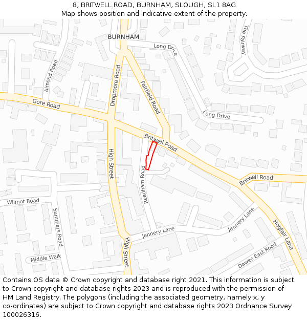 8, BRITWELL ROAD, BURNHAM, SLOUGH, SL1 8AG: Location map and indicative extent of plot