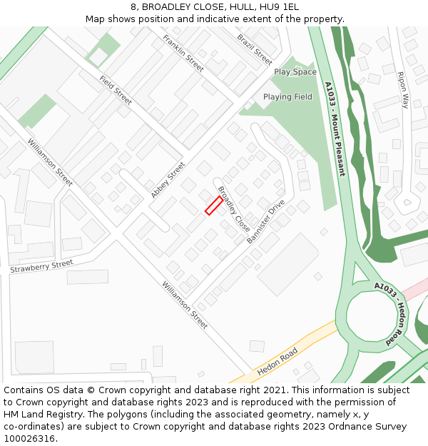 8, BROADLEY CLOSE, HULL, HU9 1EL: Location map and indicative extent of plot