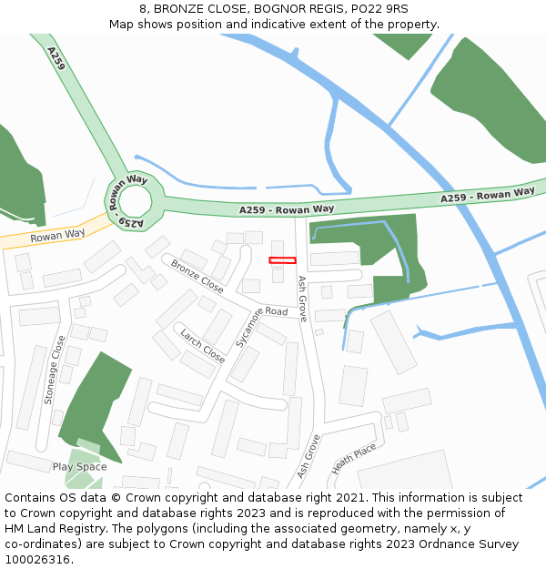 8, BRONZE CLOSE, BOGNOR REGIS, PO22 9RS: Location map and indicative extent of plot