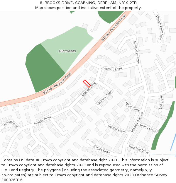 8, BROOKS DRIVE, SCARNING, DEREHAM, NR19 2TB: Location map and indicative extent of plot