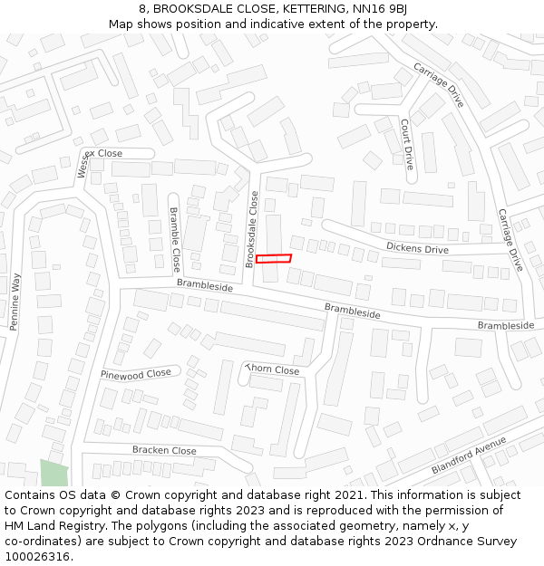 8, BROOKSDALE CLOSE, KETTERING, NN16 9BJ: Location map and indicative extent of plot