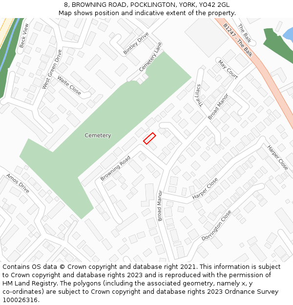 8, BROWNING ROAD, POCKLINGTON, YORK, YO42 2GL: Location map and indicative extent of plot