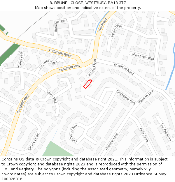 8, BRUNEL CLOSE, WESTBURY, BA13 3TZ: Location map and indicative extent of plot