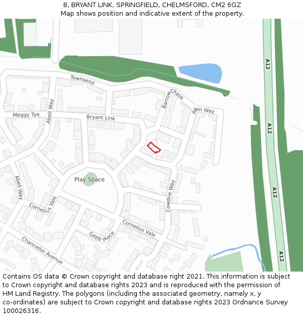 8, BRYANT LINK, SPRINGFIELD, CHELMSFORD, CM2 6GZ: Location map and indicative extent of plot