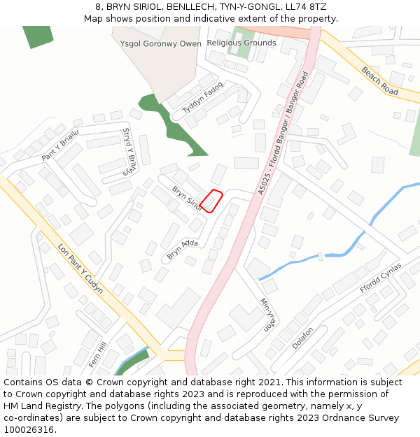 8, BRYN SIRIOL, BENLLECH, TYN-Y-GONGL, LL74 8TZ: Location map and indicative extent of plot