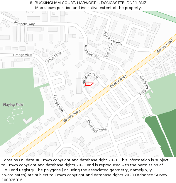 8, BUCKINGHAM COURT, HARWORTH, DONCASTER, DN11 8NZ: Location map and indicative extent of plot