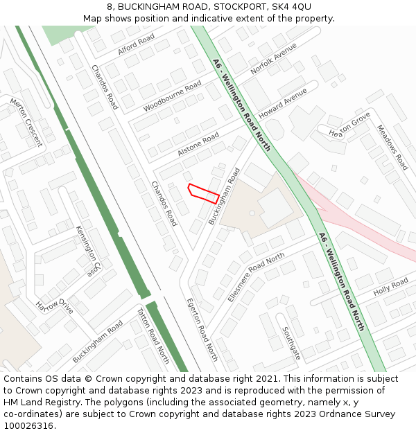 8, BUCKINGHAM ROAD, STOCKPORT, SK4 4QU: Location map and indicative extent of plot