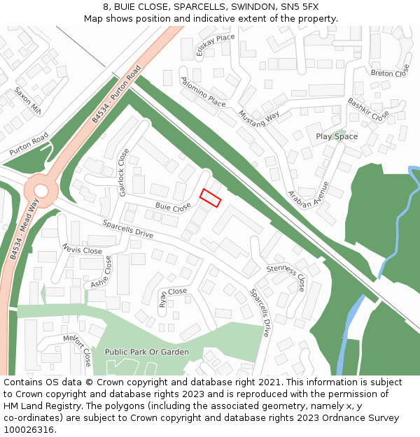 8, BUIE CLOSE, SPARCELLS, SWINDON, SN5 5FX: Location map and indicative extent of plot