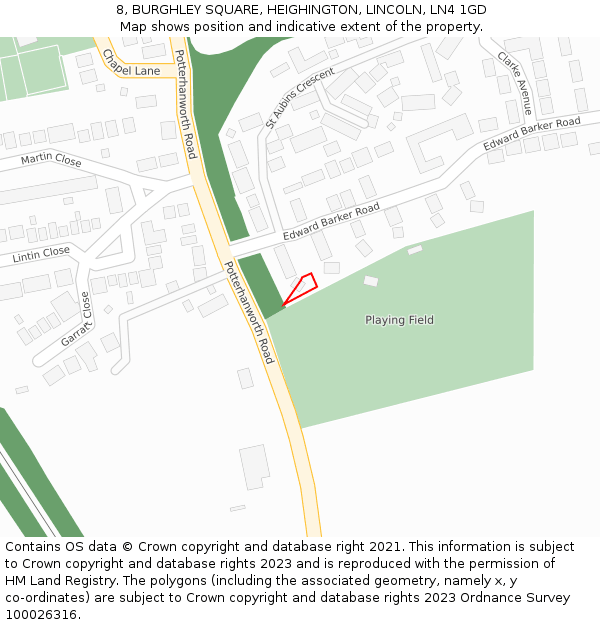 8, BURGHLEY SQUARE, HEIGHINGTON, LINCOLN, LN4 1GD: Location map and indicative extent of plot