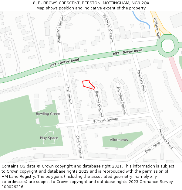 8, BURROWS CRESCENT, BEESTON, NOTTINGHAM, NG9 2QX: Location map and indicative extent of plot