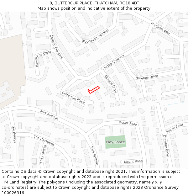 8, BUTTERCUP PLACE, THATCHAM, RG18 4BT: Location map and indicative extent of plot