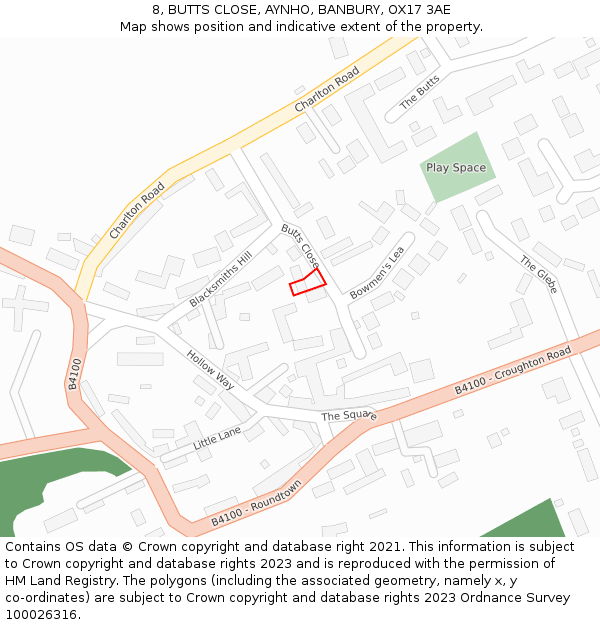 8, BUTTS CLOSE, AYNHO, BANBURY, OX17 3AE: Location map and indicative extent of plot