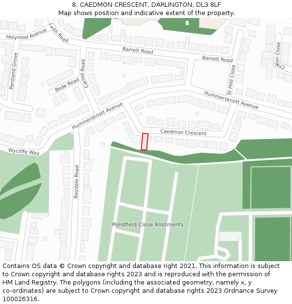 8, CAEDMON CRESCENT, DARLINGTON, DL3 8LF: Location map and indicative extent of plot