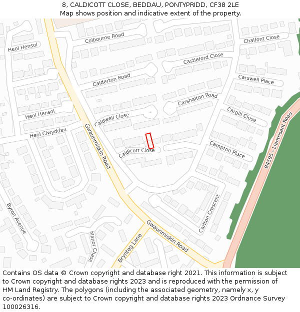 8, CALDICOTT CLOSE, BEDDAU, PONTYPRIDD, CF38 2LE: Location map and indicative extent of plot