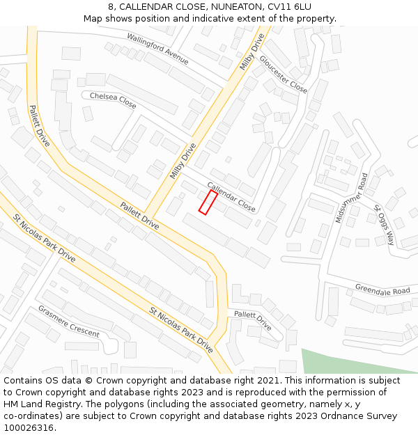 8, CALLENDAR CLOSE, NUNEATON, CV11 6LU: Location map and indicative extent of plot