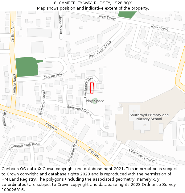 8, CAMBERLEY WAY, PUDSEY, LS28 8QX: Location map and indicative extent of plot