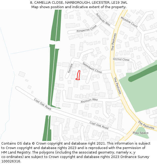 8, CAMELLIA CLOSE, NARBOROUGH, LEICESTER, LE19 3WL: Location map and indicative extent of plot