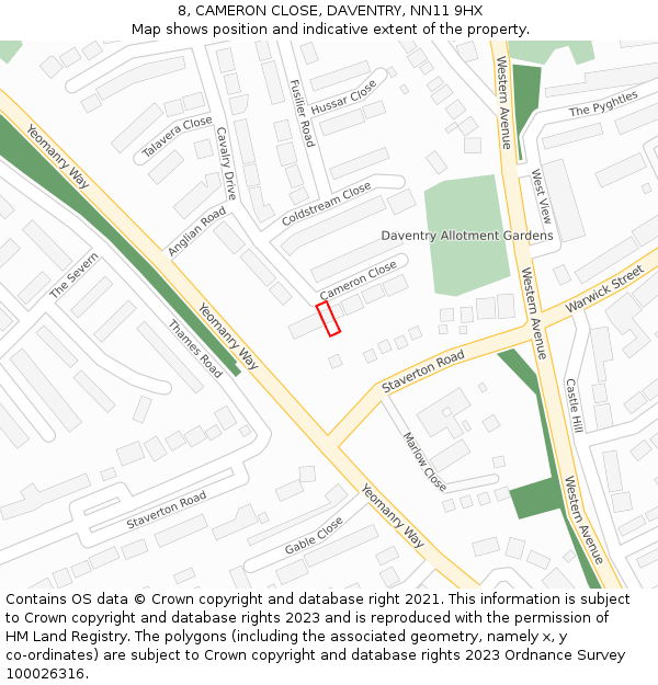 8, CAMERON CLOSE, DAVENTRY, NN11 9HX: Location map and indicative extent of plot