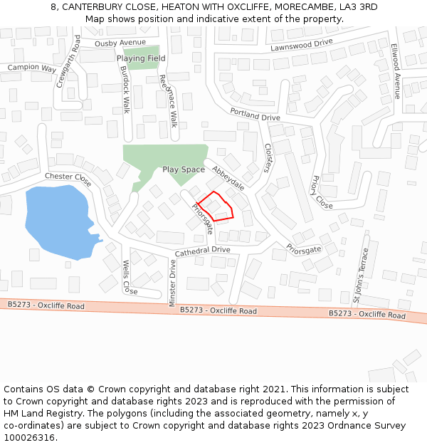 8, CANTERBURY CLOSE, HEATON WITH OXCLIFFE, MORECAMBE, LA3 3RD: Location map and indicative extent of plot