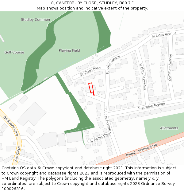 8, CANTERBURY CLOSE, STUDLEY, B80 7JF: Location map and indicative extent of plot
