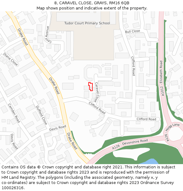 8, CARAVEL CLOSE, GRAYS, RM16 6QB: Location map and indicative extent of plot