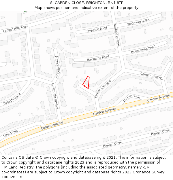8, CARDEN CLOSE, BRIGHTON, BN1 8TP: Location map and indicative extent of plot