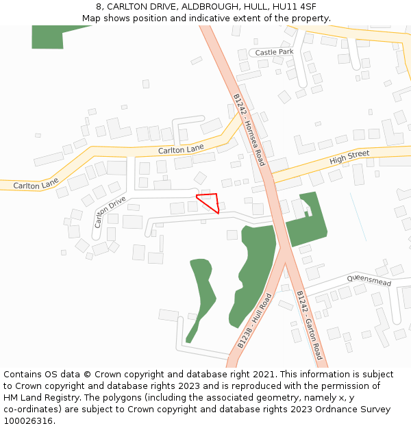 8, CARLTON DRIVE, ALDBROUGH, HULL, HU11 4SF: Location map and indicative extent of plot