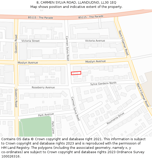 8, CARMEN SYLVA ROAD, LLANDUDNO, LL30 1EQ: Location map and indicative extent of plot