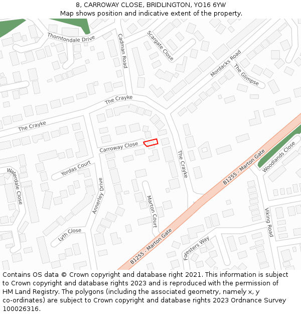 8, CARROWAY CLOSE, BRIDLINGTON, YO16 6YW: Location map and indicative extent of plot