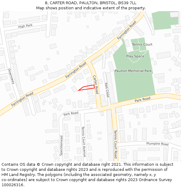 8, CARTER ROAD, PAULTON, BRISTOL, BS39 7LL: Location map and indicative extent of plot