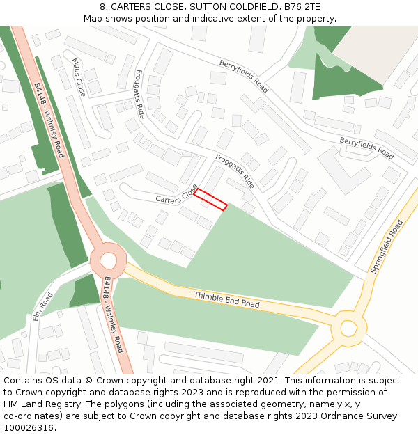 8, CARTERS CLOSE, SUTTON COLDFIELD, B76 2TE: Location map and indicative extent of plot