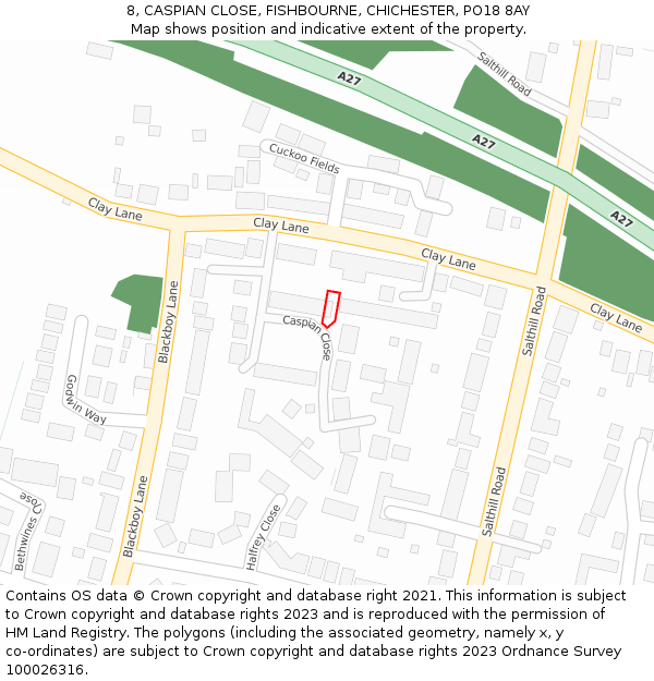 8, CASPIAN CLOSE, FISHBOURNE, CHICHESTER, PO18 8AY: Location map and indicative extent of plot