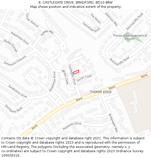 8, CASTLEGATE DRIVE, BRADFORD, BD10 8BW: Location map and indicative extent of plot