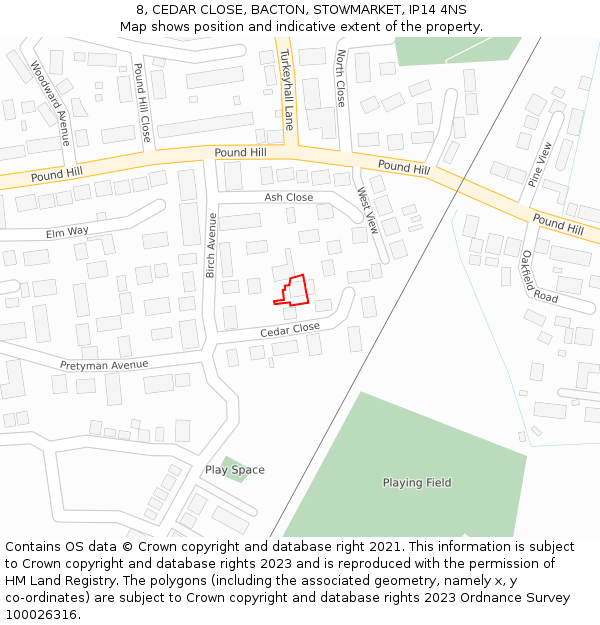 8, CEDAR CLOSE, BACTON, STOWMARKET, IP14 4NS: Location map and indicative extent of plot