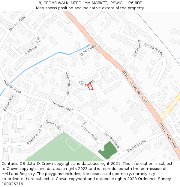 8, CEDAR WALK, NEEDHAM MARKET, IPSWICH, IP6 8BF: Location map and indicative extent of plot