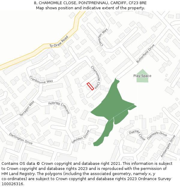 8, CHAMOMILE CLOSE, PONTPRENNAU, CARDIFF, CF23 8RE: Location map and indicative extent of plot