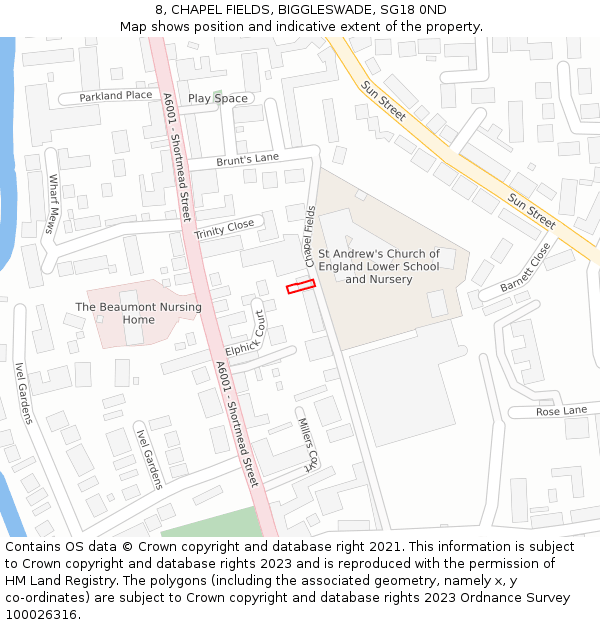 8, CHAPEL FIELDS, BIGGLESWADE, SG18 0ND: Location map and indicative extent of plot