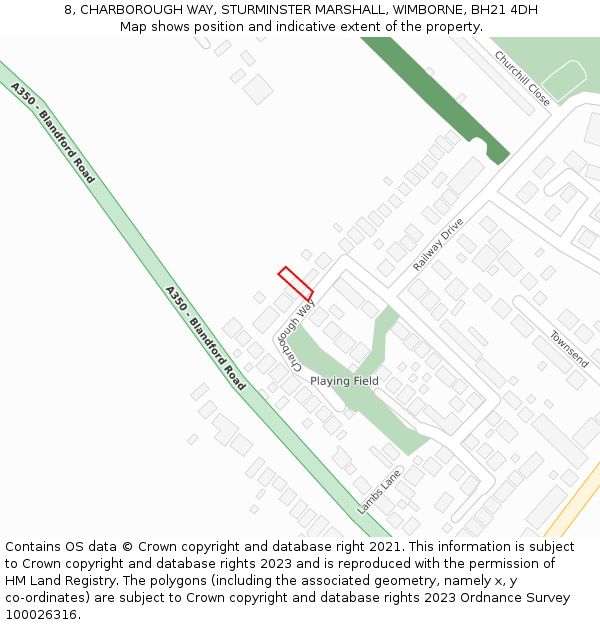 8, CHARBOROUGH WAY, STURMINSTER MARSHALL, WIMBORNE, BH21 4DH: Location map and indicative extent of plot