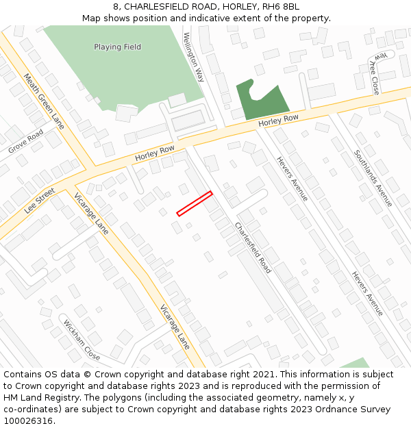 8, CHARLESFIELD ROAD, HORLEY, RH6 8BL: Location map and indicative extent of plot