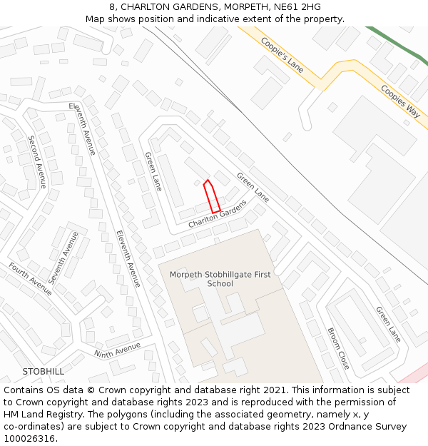 8, CHARLTON GARDENS, MORPETH, NE61 2HG: Location map and indicative extent of plot