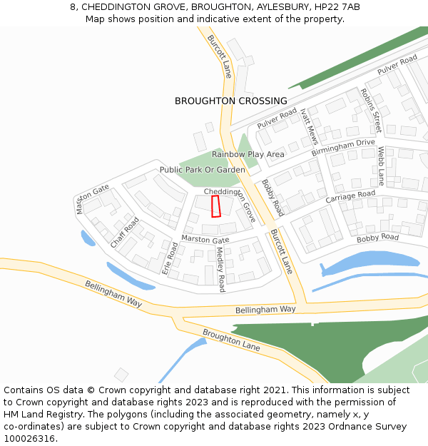 8, CHEDDINGTON GROVE, BROUGHTON, AYLESBURY, HP22 7AB: Location map and indicative extent of plot