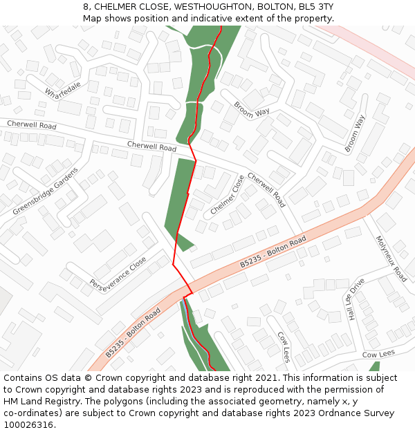 8, CHELMER CLOSE, WESTHOUGHTON, BOLTON, BL5 3TY: Location map and indicative extent of plot
